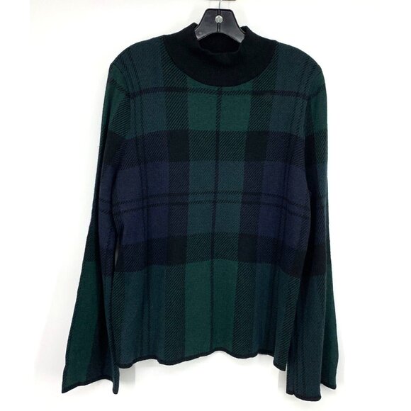 Ann Taylor Sweater Plaid Blackwatch Flare Sleeve Mock Neck Wool - Picture 1 of 12